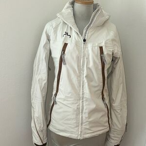 Powderhorn ivory brown trim ski coat jacket small s